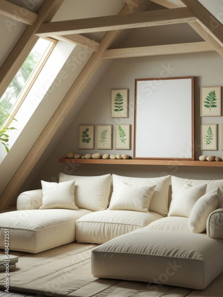 Fototapeta Mockup poster frame in bright attic living room with cream sectional sofa, wooden beams, botanical prints and natural stone decor