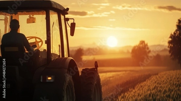 Fototapeta A farmer driving a tractor at sunrise, ready for a day in the fields --ar 16:9 --v 6.1 Job ID: ec6aaa9c-69e8-4ea7-918a-32b923a430a4