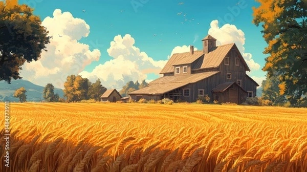 Fototapeta A farmhouse with a large barn, surrounded by golden wheat fields --ar 16:9 --v 6.1 Job ID: bbd2caf0-1cc1-4748-b49c-a923232f833f
