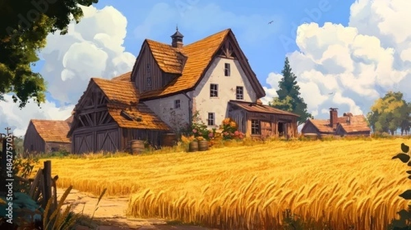 Fototapeta A farmhouse with a large barn, surrounded by golden wheat fields --ar 16:9 --v 6.1 Job ID: bbd2caf0-1cc1-4748-b49c-a923232f833f