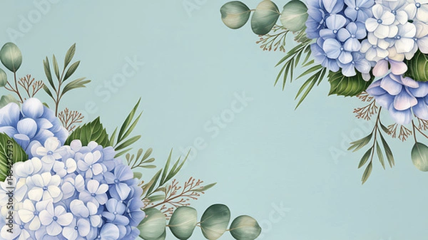 Fototapeta Corner bouquet of hydrangeas and eucalyptus with watercolor detail on a dusty blue background and open space for text

