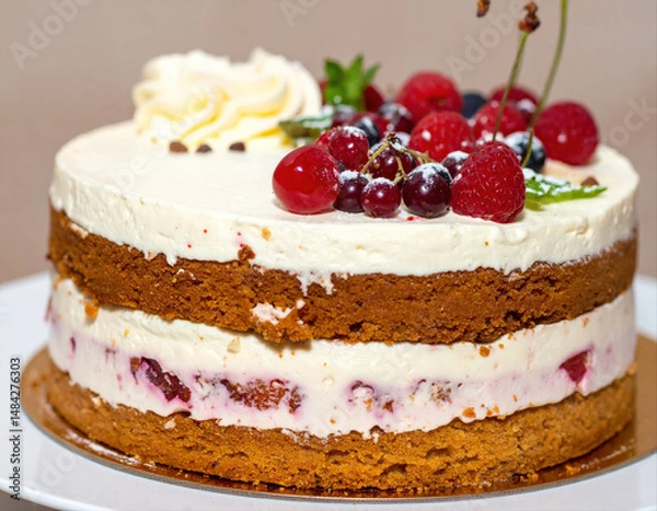 Obraz A delicious slice of white cheesecake with a red berry and a piece of chocolate makes a tasty gourmet dessert