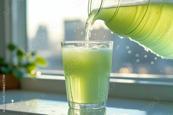 Fototapeta Refreshing Light Green Iced Tea Pouring into Glass on Bright Window Sill with Sunlight and City View, Cold Sparkling Drink with Bubbles and Condensation for a Thirst-Quenching Moment, High-Resolution 