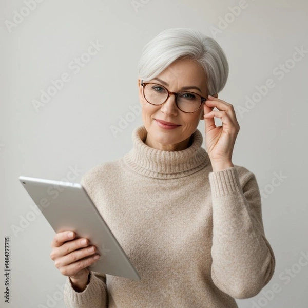 Obraz Portrait of a Mature Woman with Glasses Using a Tablet,  A Serene and Confident Expression, Neutral Background