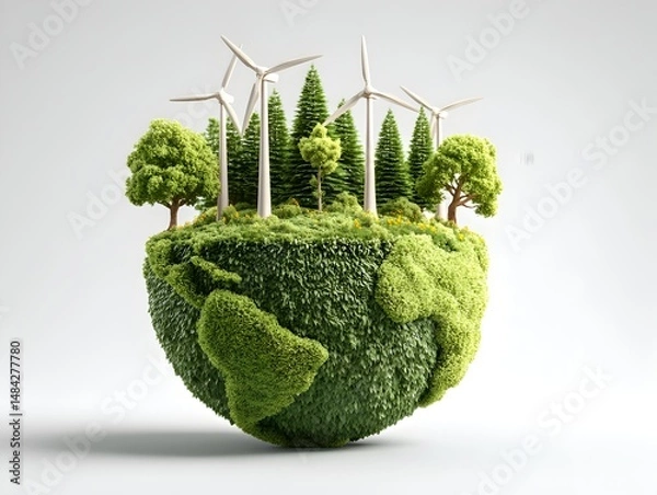 Fototapeta A lush green Earth model with wind turbines and trees symbolizes sustainable energy and environmental conservation for a cleaner future.