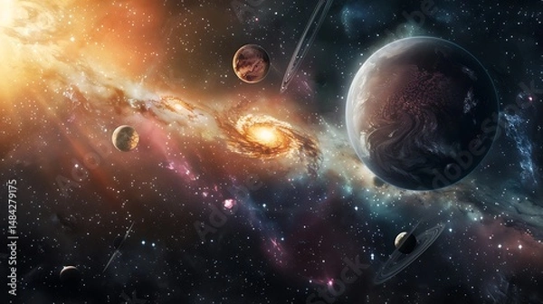 Fototapeta Vibrant Space Scene With Planets Galaxy Stars And Cosmic Nebulae
