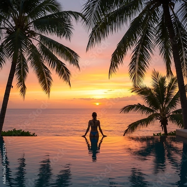Fototapeta Woman in infinity pool at sunset with palm trees overlooking the ocean