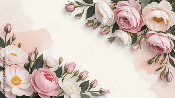 Fototapeta Pastel floral arrangement in the top and bottom corners with soft rose tones, subtle paper texture, and natural flow