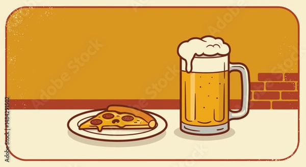 Fototapeta Cute cartoon pizza slice and beer mug on a table with a warm background
