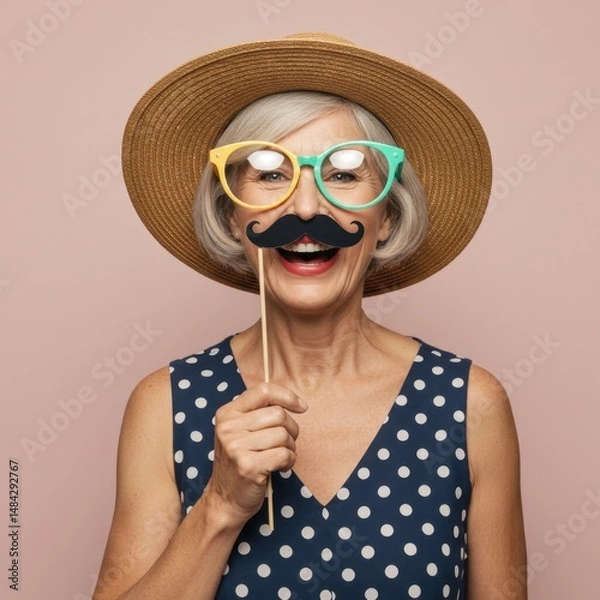 Obraz Playful Senior Woman with Mustache and Colorful Glasses Posing Against a Pink Background