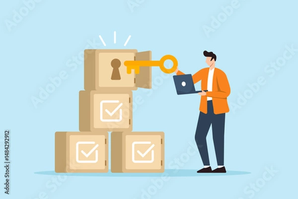 Fototapeta Flat illustration of remote worker unlocking achievement boxes with checklist symbols using digital key for goal success and task milestone