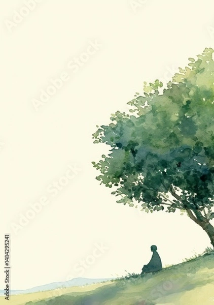 Fototapeta simple watercolor illustration of small figure sitting under tree, white background, muted colors, minimalistic style, high quality, multi-detail, HD, 8K,