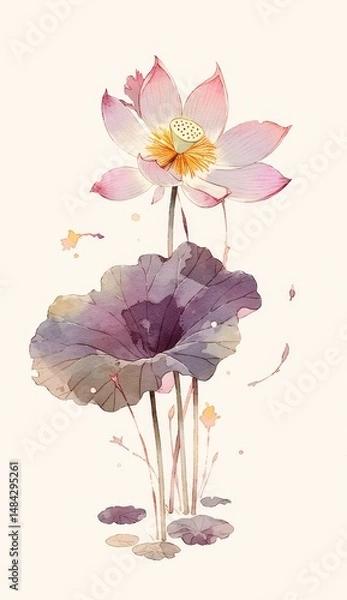 Fototapeta Watercolor, a simple illustration of two lotus flowers and leaves, one in a pink color and the other in a purple color, on a white background with muted colors and low details,