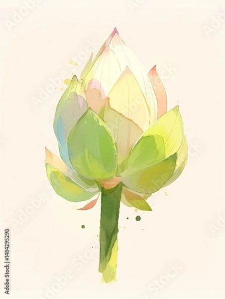 Fototapeta Watercolor, a simple illustration of a lotus bud on a white background, with a green and pink pastel color palette., high quality, multi-detail, HD, 8K,