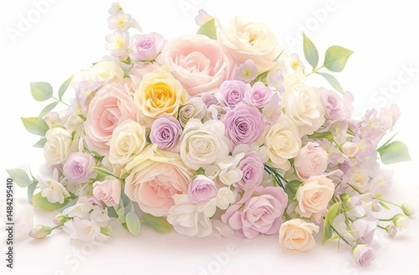 Fototapeta A beautiful bouquet of flowers in pastel colors, including roses and peonies, with green leaves on the side, isolated against a white background. Detailed, high-resolution, high-quality,