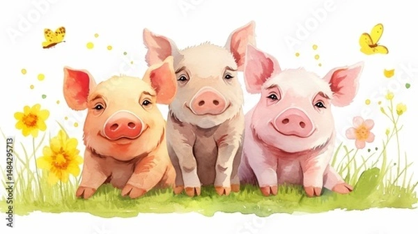 Fototapeta Three little pigs in the meadow, cute and adorable, watercolor clipart with a white background and defined edges., high quality, multi-detail, HD, 8K,