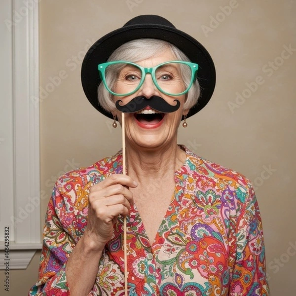 Obraz Playful Senior Woman with Mustache and Glasses Photo Booth Fun