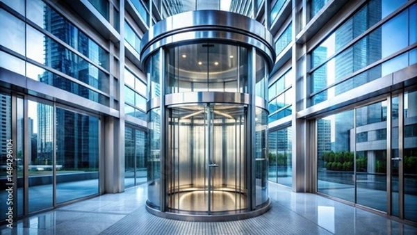 Obraz Sleek glass elevator with a cylindrical shape glides smoothly up and down in modern skyscraper , sleek, elevator