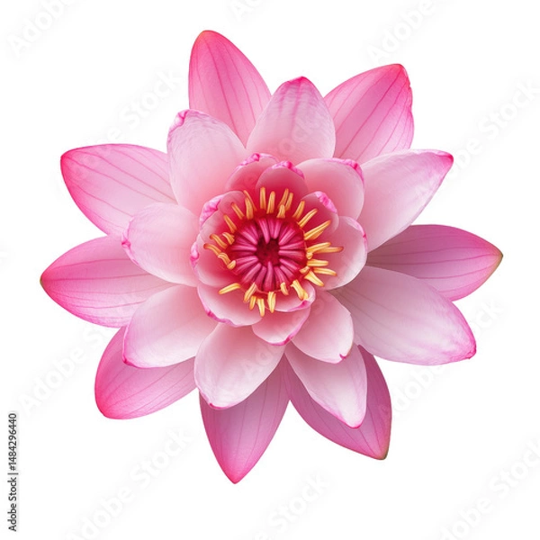 Fototapeta beautiful pink lotus flower with delicate petals and vibrant center, symbolizing purity and tranquility, isolated on transparent background