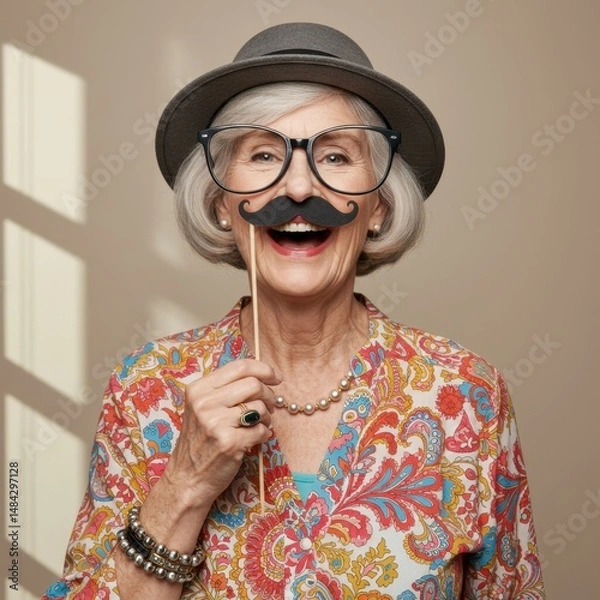 Obraz Playful Senior Woman with Mustache Prop,  Smiling and Wearing Glasses and Hat, Indoors Portrait