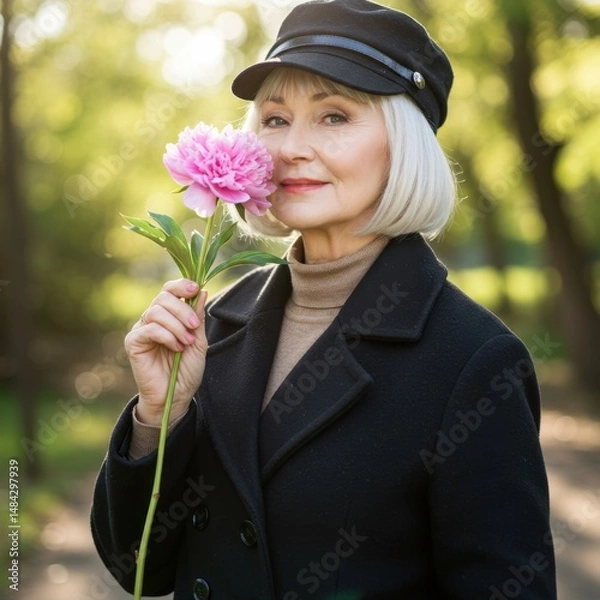 Obraz Elegant Senior Woman in a Park, Gently Sniffing a Delicate Pink Peony Flower, Basking in the Warm Spring Sunlight