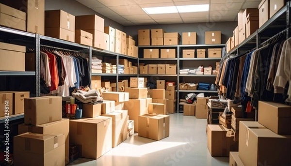 Fototapeta Organized chaos cardboard boxes in a bright storage room featuring shelves and clothing racks