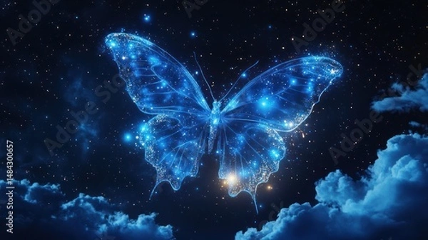 Fototapeta Celestial butterfly composed of cosmic dust floating among night clouds