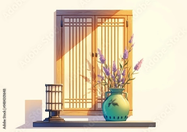 Fototapeta Korean traditional window, green vase with lavender flowers and leaves, black table lamp on the floor, white background, in the style of watercolor painting, simple illustration, flat design,