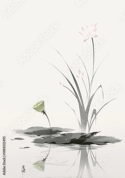 Fototapeta Chinese ink painting style, in the style of a traditional Chinese artist, with black and white tones, featuring a single green lotus bud on the water surface,