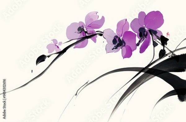 Fototapeta Ink painting in the style of traditional Chinese art, featuring simple lines and a purple orchid flower with a long stem and black leaves against a white background.