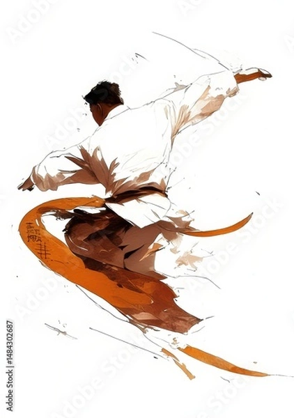 Fototapeta A person in white and brown performing martial arts moves, viewed from behind, in the style of an ink painting illustration with Chinese brushwork, against a pure white background,