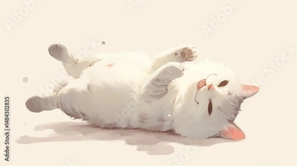 Fototapeta Cute white cat rolling on the ground with its back up, in the style of Chinese ink painting. Simple background, colorful cartoon illustration., high quality, multi-detail, HD, 8K,