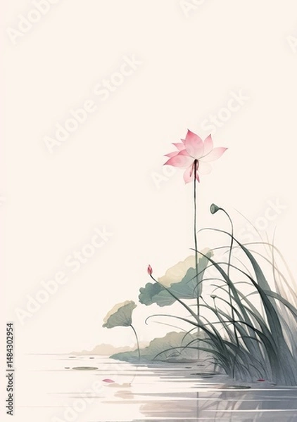 Fototapeta A single lotus bud is about to bloom, surrounded by long green leaves and pink buds, in the style of traditional Chinese ink painting, with black lines on a white background,