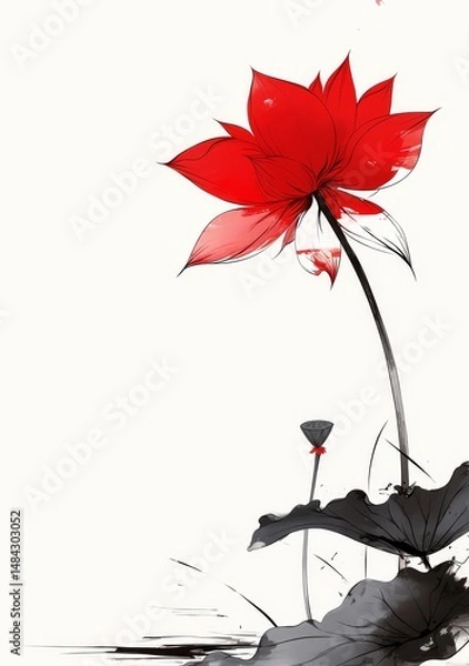 Fototapeta A red lotus flower blooms on the black-inked and painted watercolor background, in the style of vector illustration. The white space around it evokes a Chinese painting,