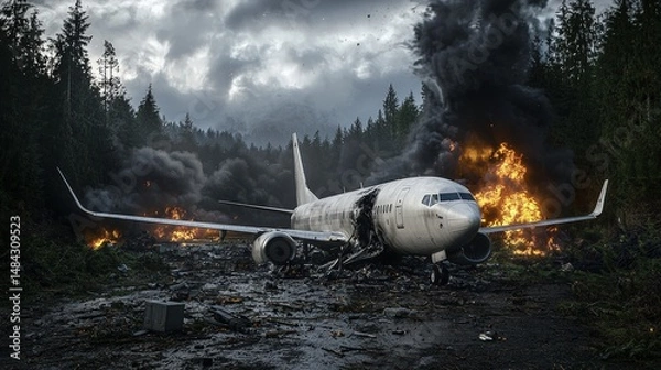 Fototapeta Dramatic plane crash scene remote forest high-impact photo smoke and fire aerial view survival and tragedy
