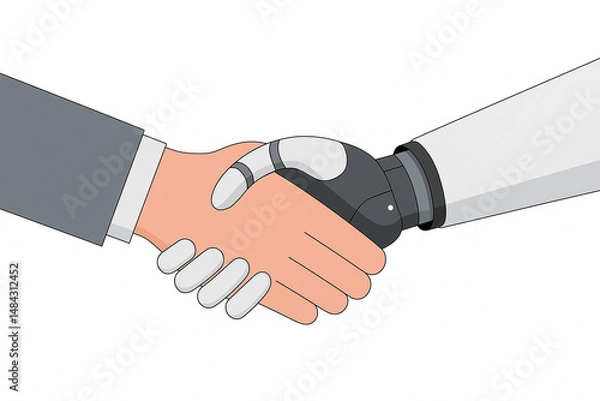 Fototapeta Vector-style handshake between robotic and human hands over a white background. Represents innovation and human-AI cooperation.