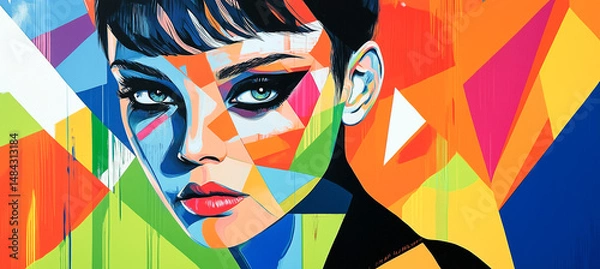 Obraz A vibrant pop-art portrait of a woman with geometric shapes and bold colors