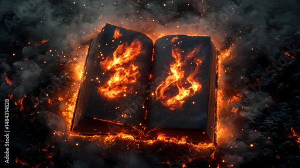 Obraz A mysterious burning book is surrounded by smoke and particles. [Volcanic Temples] | Radiant Ash | burning dust. Illustration