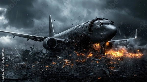 Fototapeta Airplane crash scene urban area digital artwork destructive environment dramatic viewpoint