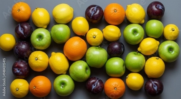 Fototapeta Colorful Assortment of Fresh Apples Lemons Oranges and Plums
