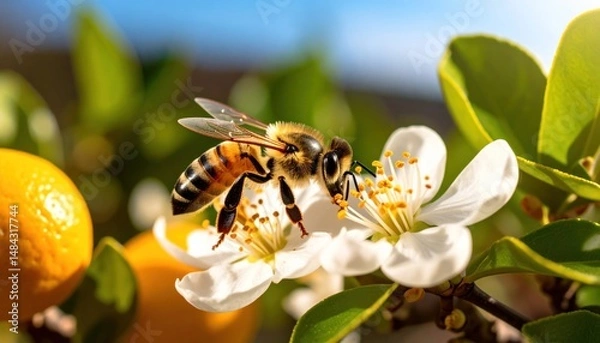 Obraz Honeybee collects nectar on delicate white blossom amidst citrus orchard