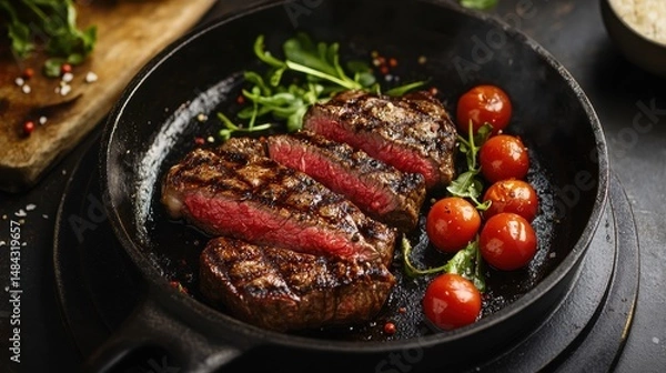 Obraz Rare steak slices with cherry tomatoes in cast iron skillet. Perfect for restaurants, food blogs, or meat product advertising.