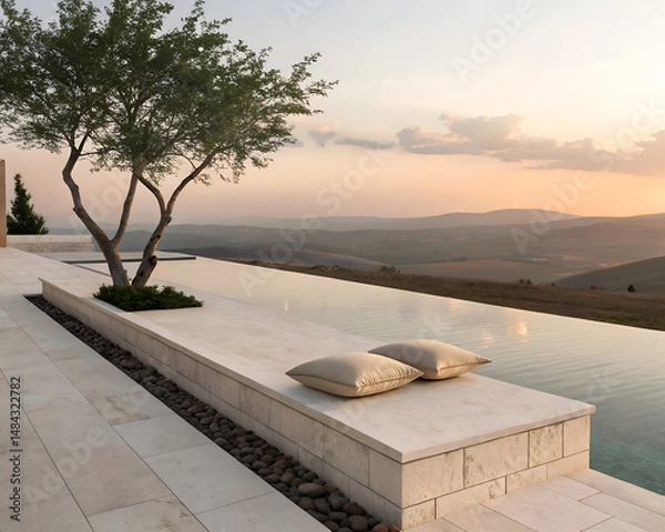 Obraz infinity pool with green tree and minimalist horizon