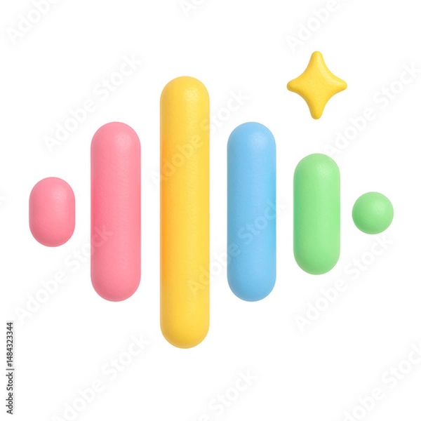 Obraz 3D colorful sound bar or data visualization icon with sparkle in glossy cartoon style on transparent PNG background
