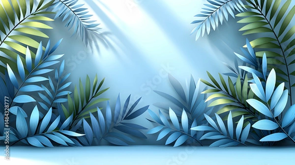 Fototapeta Lush tropical foliage with vibrant green and blue leaves creating a serene backdrop, ideal for nature-themed projects and designs