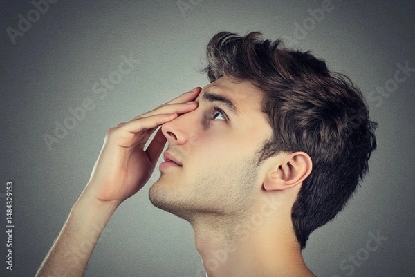 Obraz Close-up profile view of a young man looking upward thoughtfully.