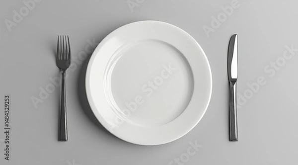 Fototapeta Simple place setting white plate, fork, knife