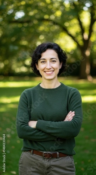 Obraz Portrait of a Smiling Woman Outdoors in a Green Sweater Against a Blurred Background of Lush Greenery