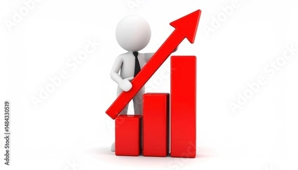 Obraz 3D Stick Figure in Business Suit Leaning on a Bar Chart with Arrow Pointing Upward