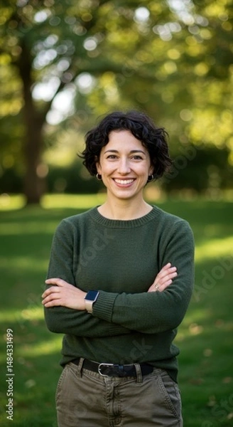 Obraz Portrait of a Smiling Woman in a Green Sweater Outdoors in a Park Setting on a Sunny Day